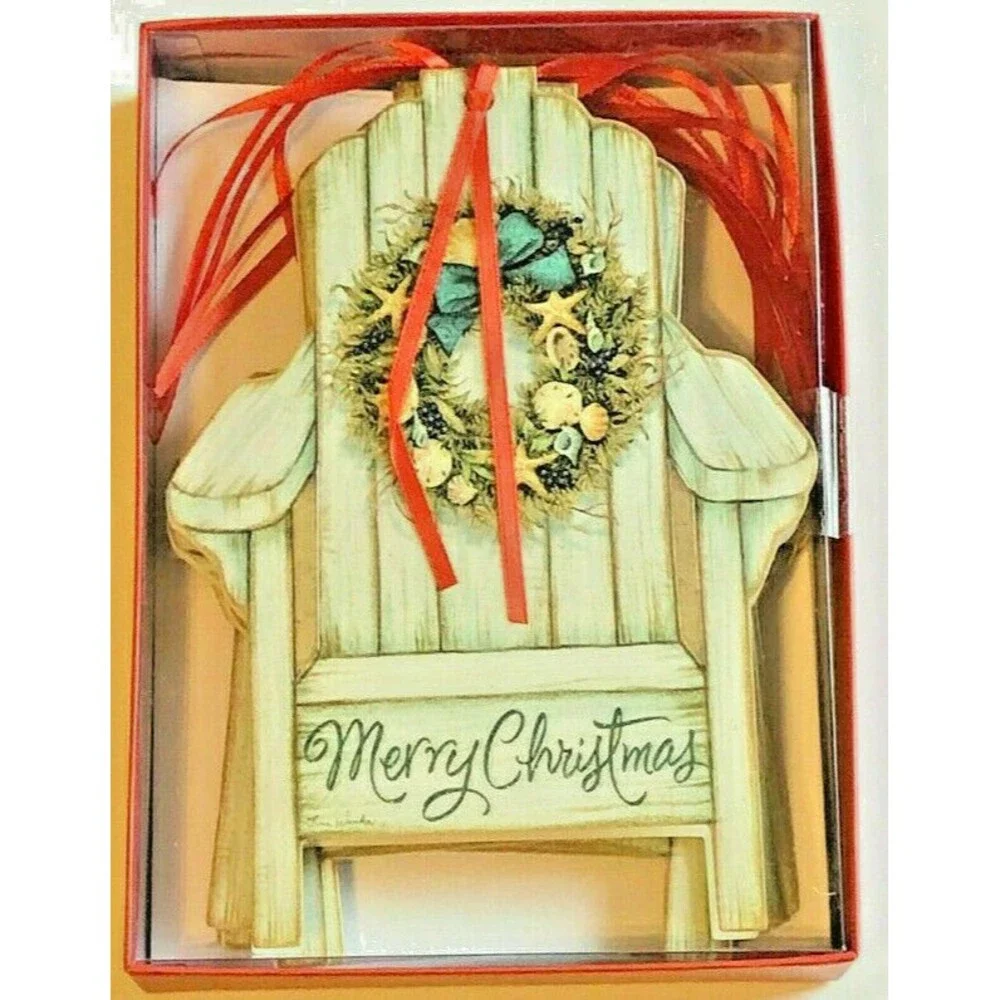 Merry Christmas Ornament 12 Cards Beach Chair Boxed Cut Out Nautical Beach Paper